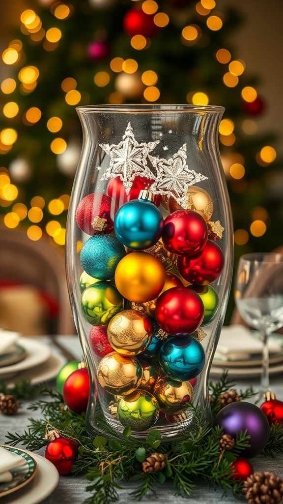 Festive Christmas Ornaments in a Vase Decoration A clear vase filled with assorted Christmas ornaments on a festive table.